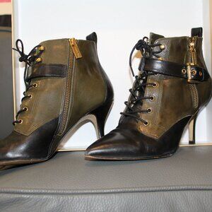 Michael Kors Combat Style Heeled Booties - Black/Olive - Sz 7